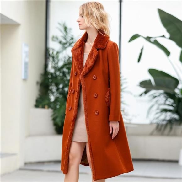 Women's Double-breasted Notched Lapel Midi Wool Blend Pea Coat Jackets - Picture 5 of 7